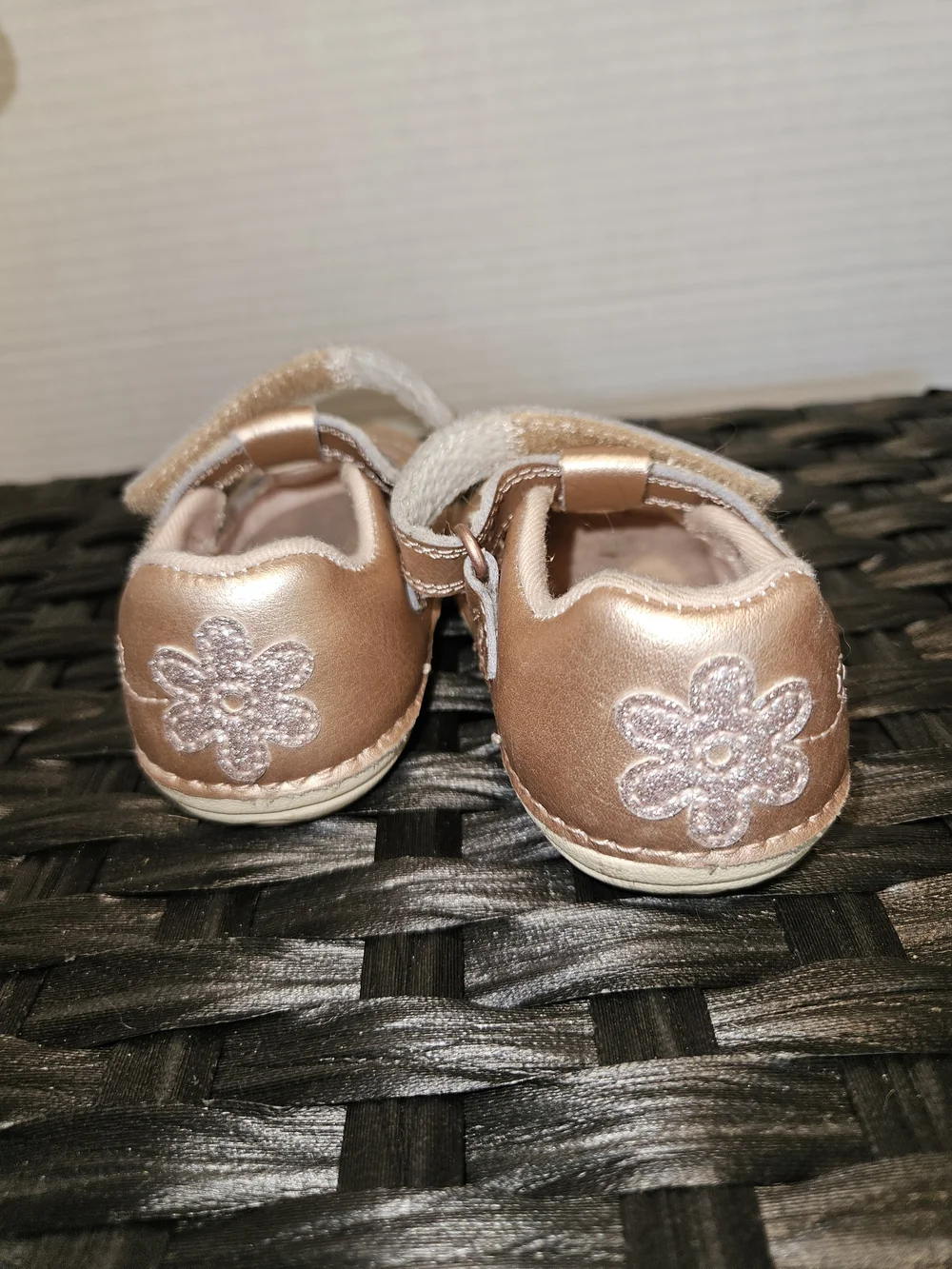 Stride Rite Metallic Rose Gold T-Strap Baby Shoes with Floral Applique